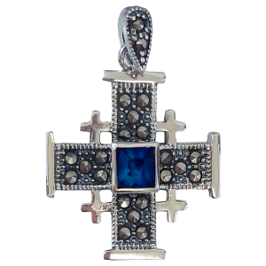 Small Silver Jerusalem Cross with Dark Blue Stone